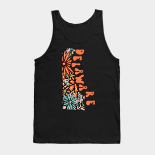 Delaware State Design | Artist Designed Illustration Featuring Delaware State Outline Filled With Retro Flowers with Retro Hand-Lettering Tank Top